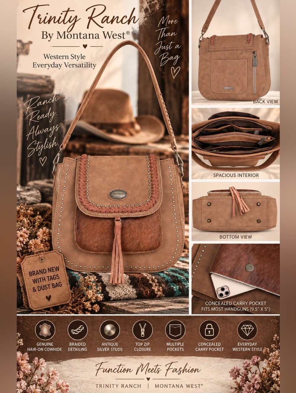 Trinity Ranch Montana West Hair-On Cowhide Concealed Carry Hobo Bag NWT